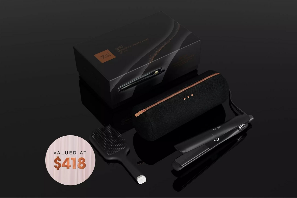 GHD GOLD HAIR STRAIGHTENER FESTIVE GIFT SET IN BLACK