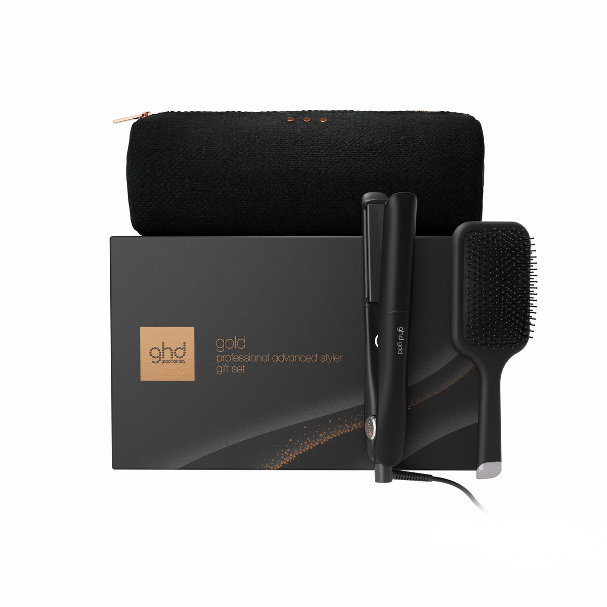 GHD GOLD HAIR STRAIGHTENER FESTIVE GIFT SET IN BLACK