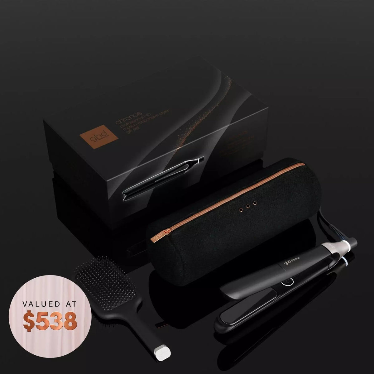 GHD CHRONOS HAIR STRAIGHTENER FESTIVE GIFT SET IN BLACK