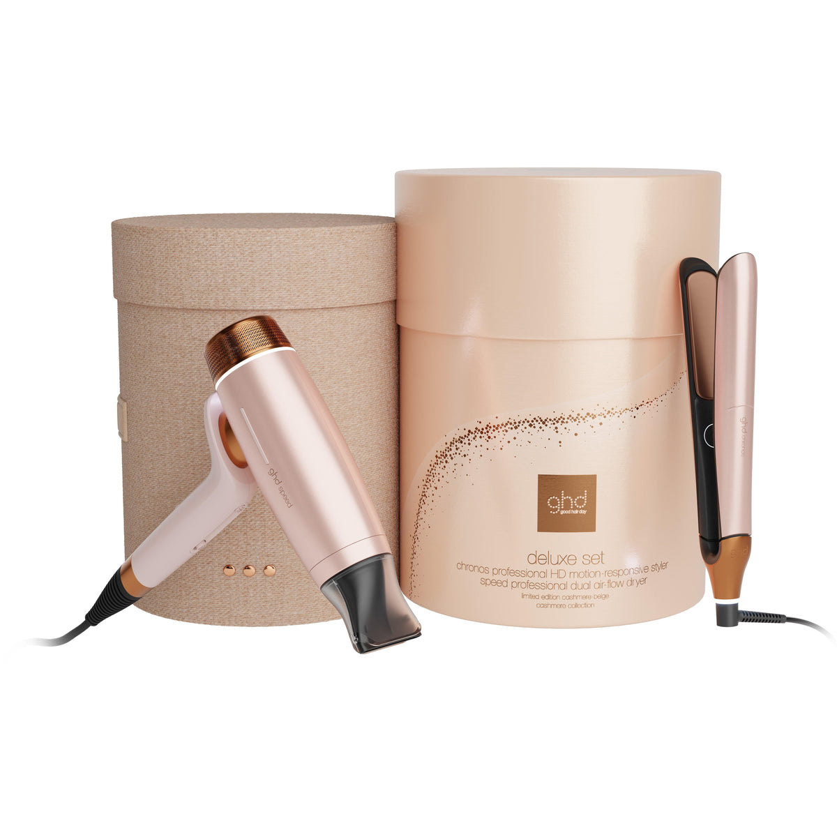 GHD DELUXE HAIR DRYER AND STRAIGHTENER GIFT SET IN CASHMERE BEIGE