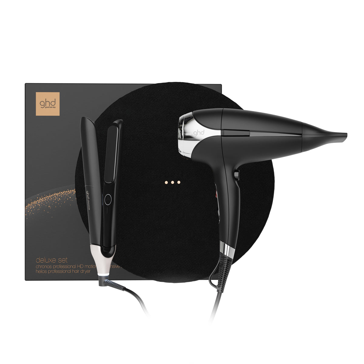 GHD DELUXE HAIR STRAIGHTENER AND HAIR DRYER FESTIVE GIFT SET IN BLACK