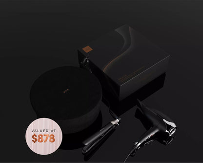 GHD DELUXE HAIR STRAIGHTENER AND HAIR DRYER FESTIVE GIFT SET IN BLACK